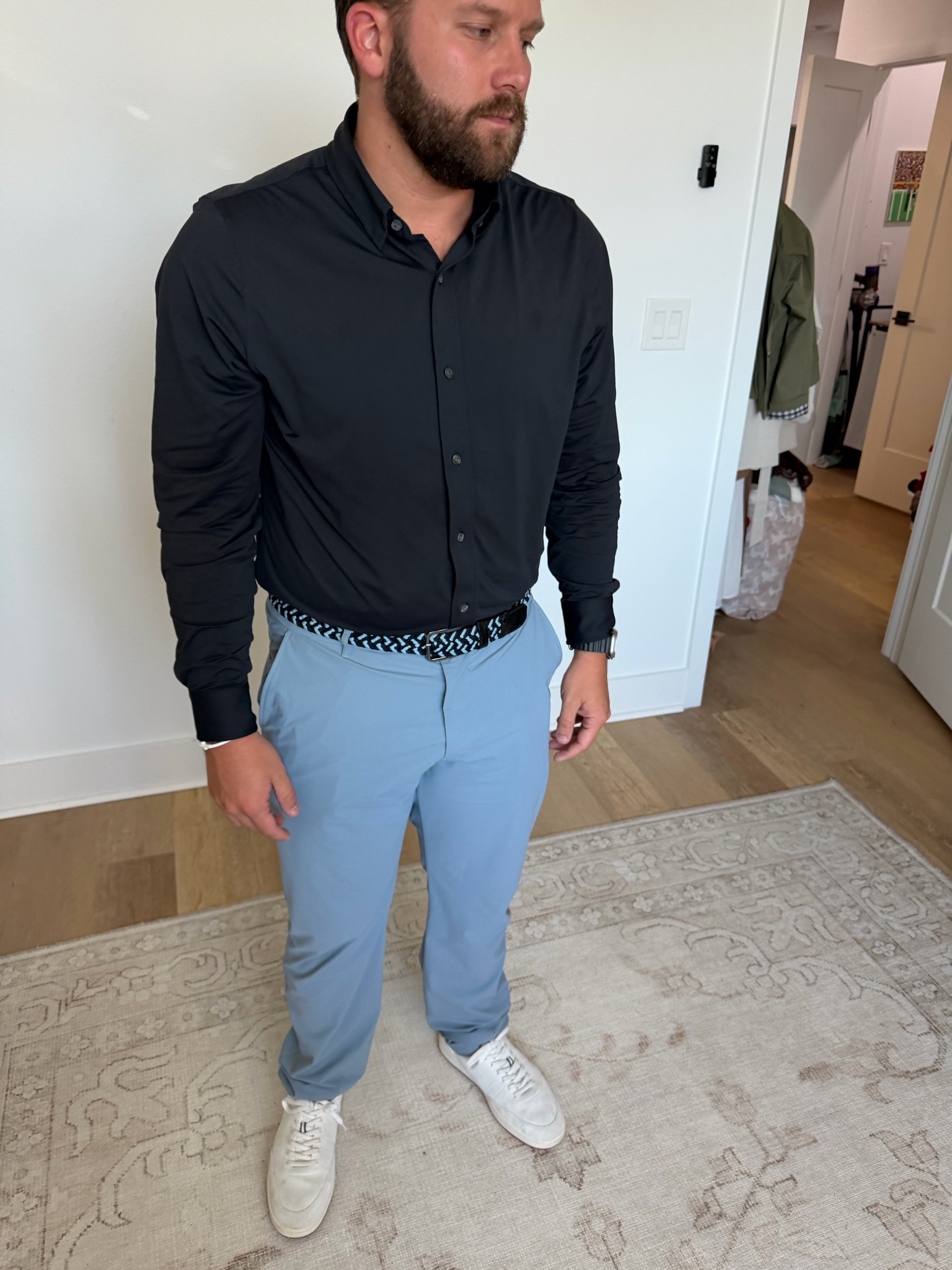 Joeys workwear outfit his shirt is one of his favorites @rhone size large size up! It’s the commuter shirt the fabric is amazing and his pants are Greyson @Shopbop true to size fit and his belt is @robertgraham and of course his most worn shoes @rothys