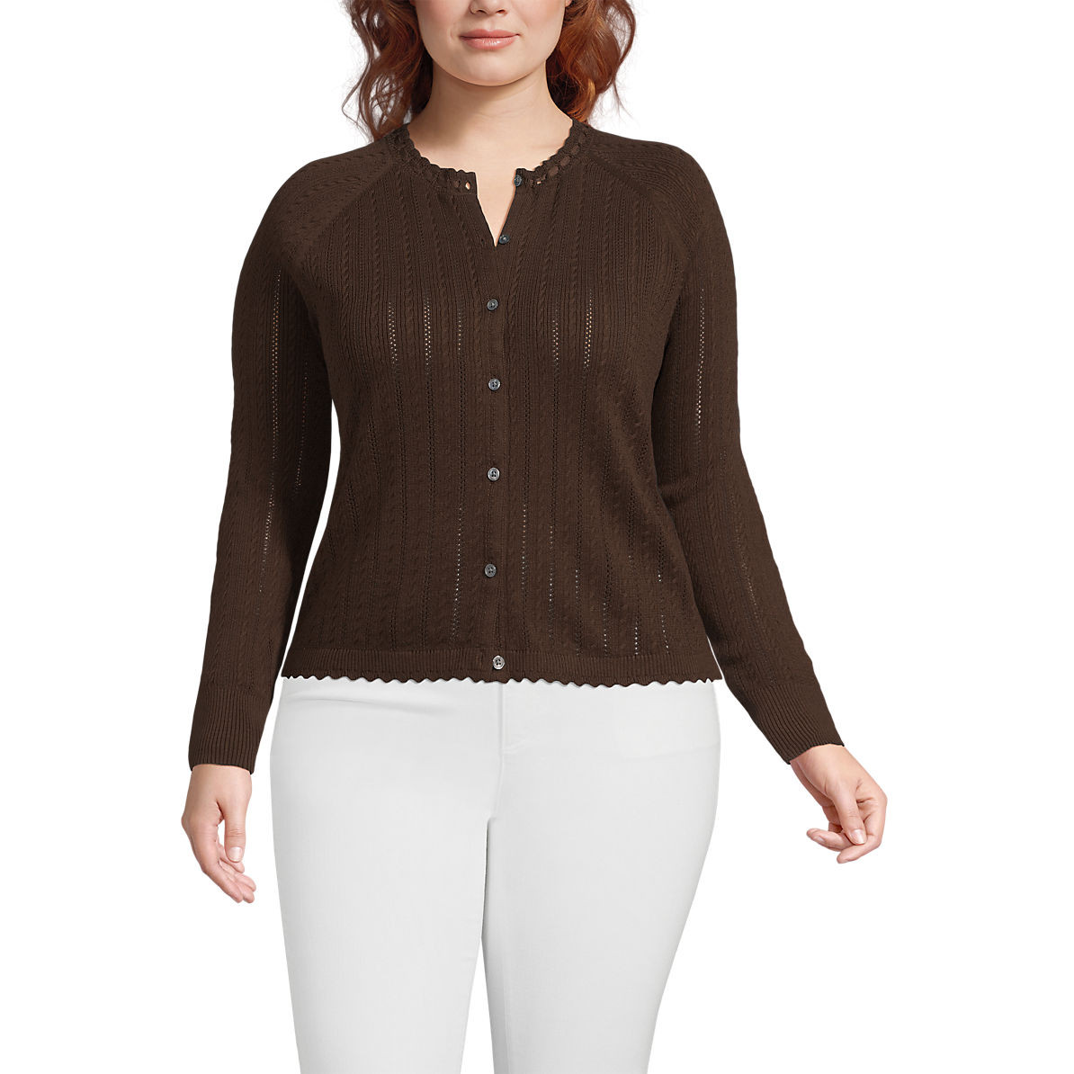 Women's Plus Size Cotton Pointelle Satin Trim Cardigan Sweater | Lands' End (US)