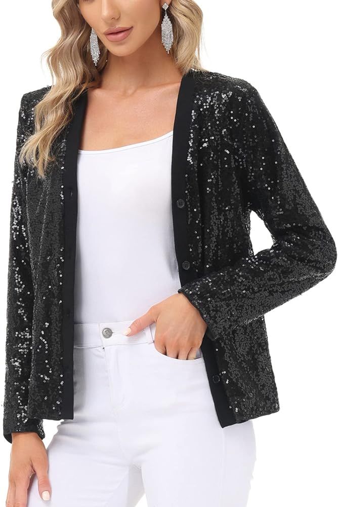 Women's Sequin Jackets Long Sleeve Button Down Shrug Shiny Party Blazer with Pockets S-XXL | Amazon (US)