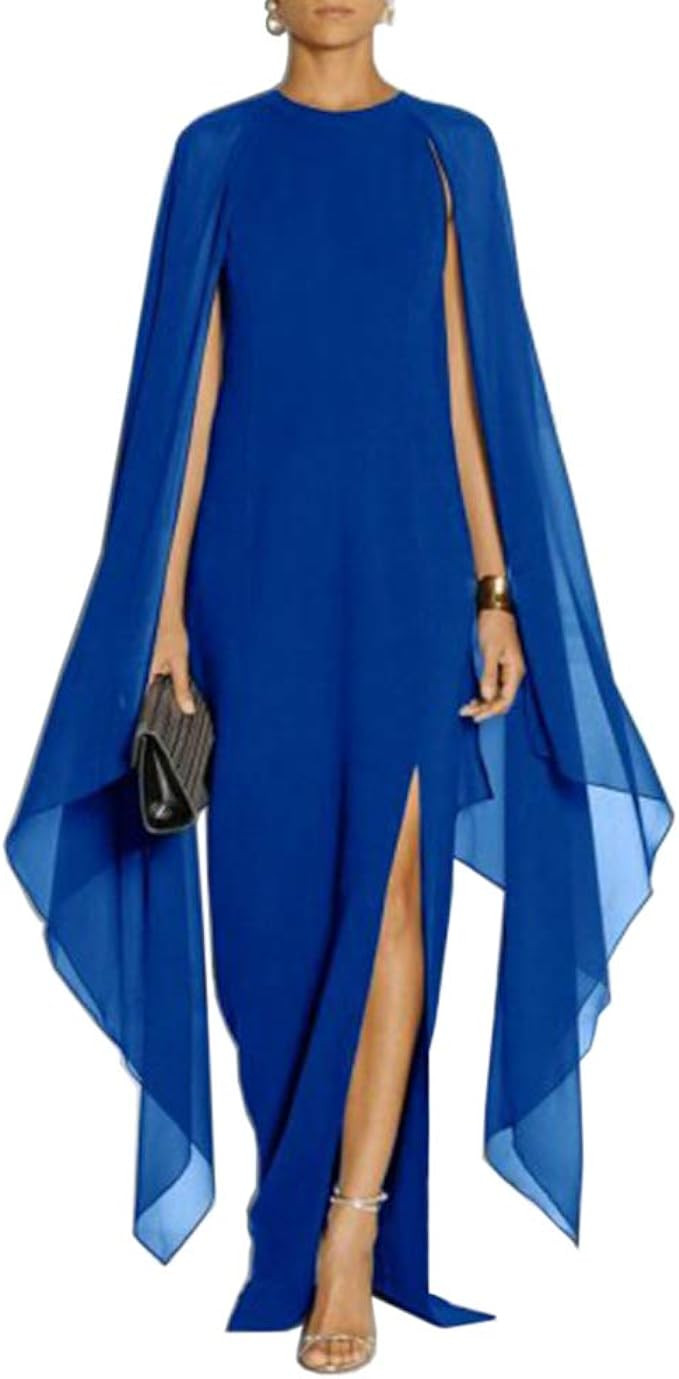 MAYFASEY Women's Elegant High Split Flare Sleeve Formal Evening Gowns Maxi Dress with Cape | Amazon (US)