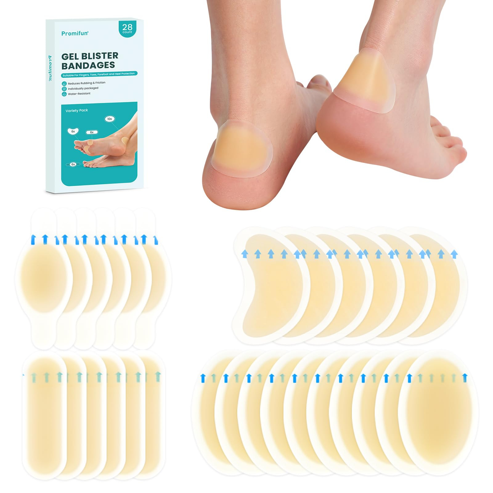 Blister Pads - 28 ct Water Resistant Hydrocolloid Bandages for Foot, Toe, Heel - Gel Blister Cush... | Amazon (US)