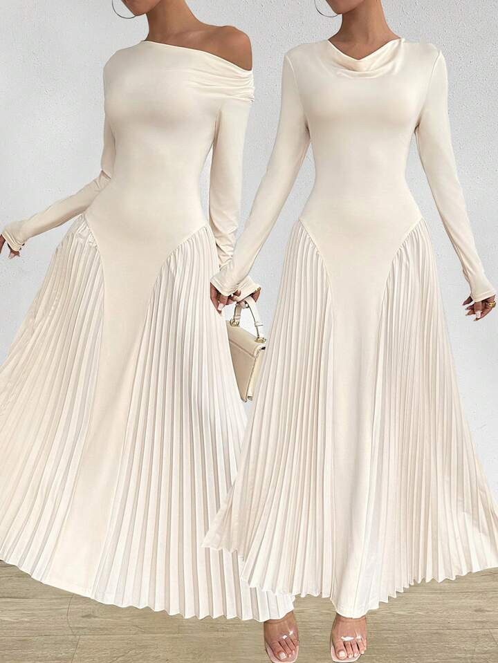 SHEIN Privé Women's Elegant Simple Solid Color Draped Neck Pleated Maxi Dress With Long Sleeves | SHEIN