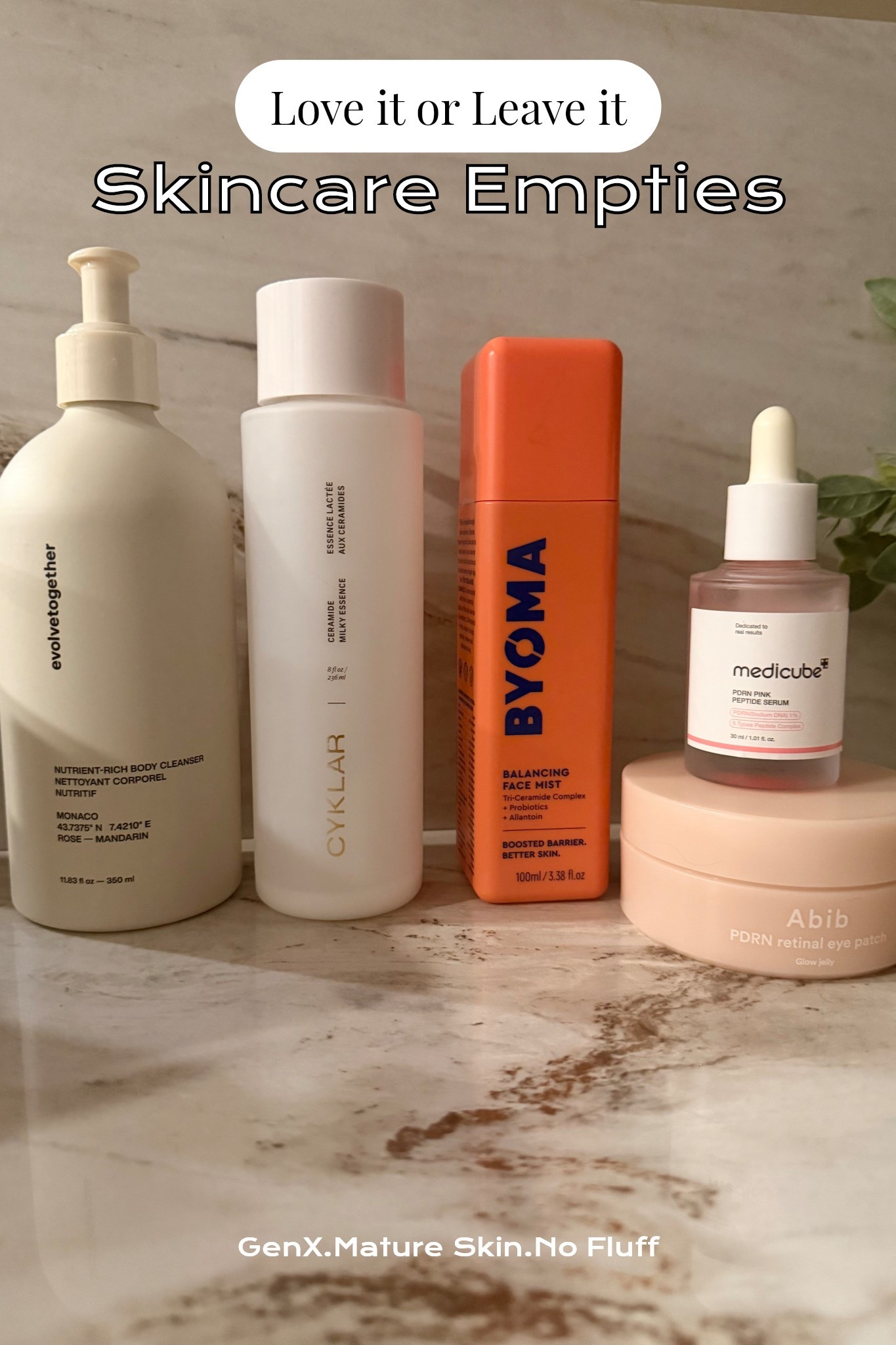 Empties Review:
3/5- evolvetogether Nutrient-Rich Body Cleanser by Monaco. Tried it, smells amazing, skin felt fine. Would not repurchase. The scent is the best part and that is not enough to bring me back ❌

4/5- Cyklar Ceramide Milky Essence
This is a milky toner for your body and it is genuinely good. Ceramides, lightweight, absorbs fast. On my restock list ✅

5/5- Byoma Balancing Face Mist
Lost count of how many I have bought. Tri-ceramide complex, probiotics, allantoin. Barrier support in a mist. This one just works every single time.✅✅✅

2/5- Medicube PDRN Pink Peptide Serum
Gave it a real shot. Did not see a difference on my skin. Passing on this one. Your results may vary but I need to see something for the price ❌

3/5- Abib PDRN Retinal Eye Patch — Glow Jelly
Fine but not the one. If you want Abib eye patches go straight for the retinol version. That one actually delivers.❌

#LTKBeauty #LTKgrwm #LTKOver40