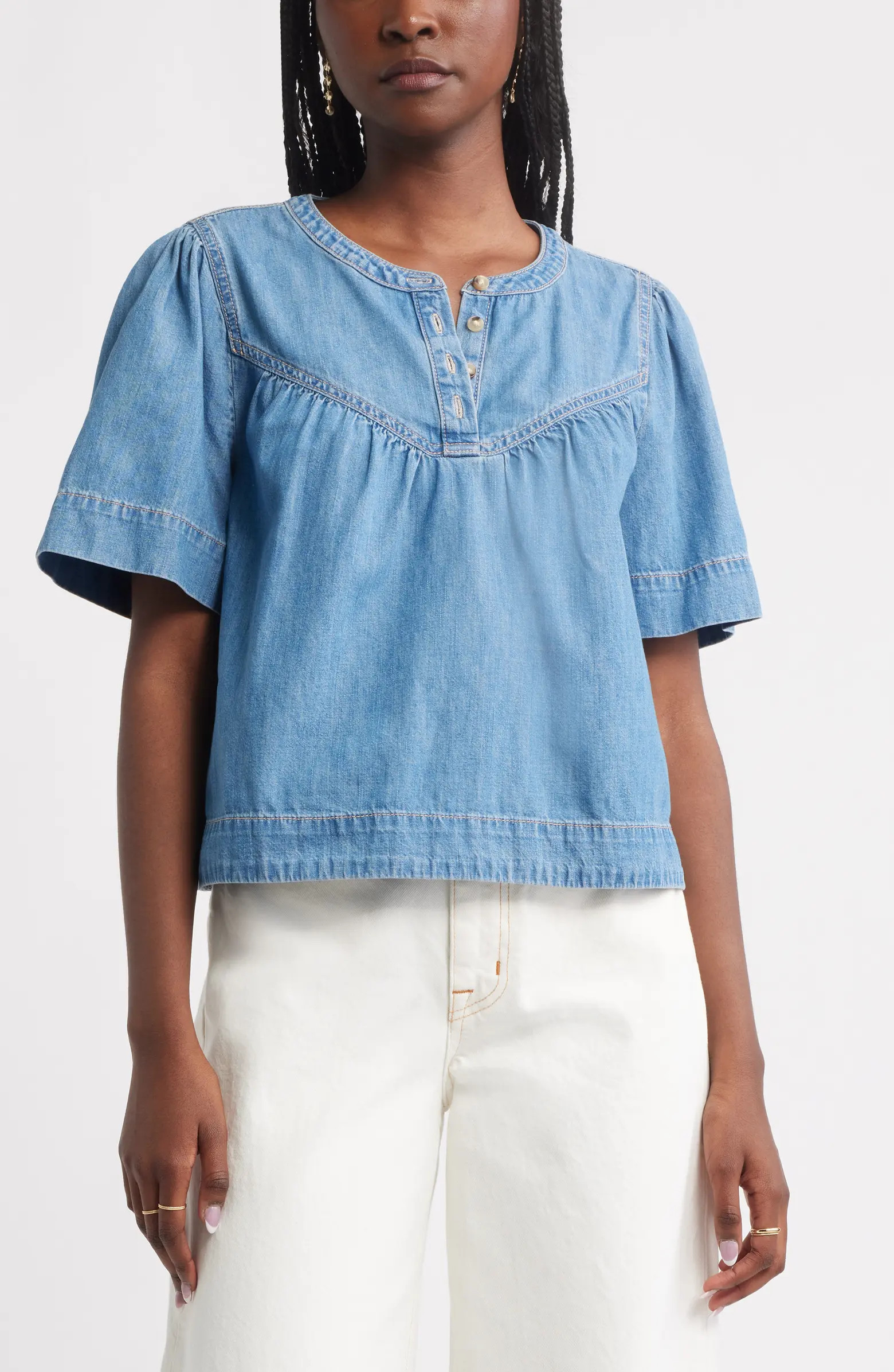 Shirred Short Sleeve Chambray Top | Nordstrom