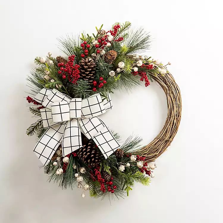 Windowpane Plaid Berry Bow Wreath | Kirkland's Home