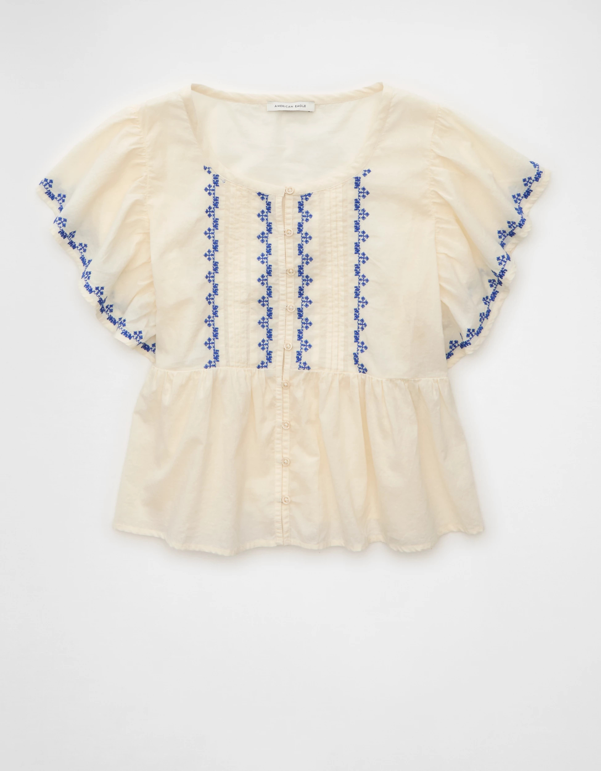 AE Short-Sleeve Embroidered Blouse | American Eagle Outfitters (US & CA)