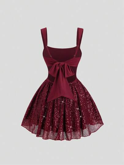 Sweetra Fashionable American Sexy Girl Style Sequin Backless Bowknot Design Sexy Dress, A-Line Waist Slimming Spring/Summer Dress For Women | SHEIN