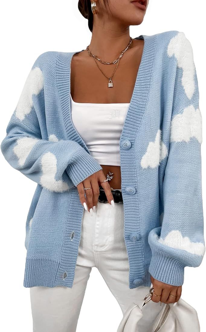 SOLY HUX Women's Button Down V Neck Long Sleeve Cloud Open Front Knit Cardigan Sweater | Amazon (US)