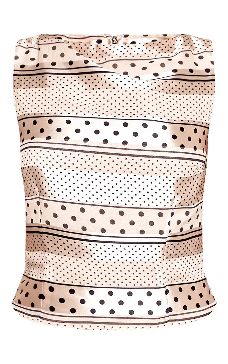 Tops | Beige Multi Polka Dot High Neck Cowl Top | PrettyLittleThing | PrettyLittleThing US