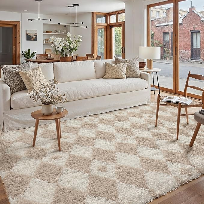 Beige 5x7 Area Rug for Living Room Washable Non Slip Neutral Soft Bedroom Checkered Carpet Fluffy... | Amazon (US)