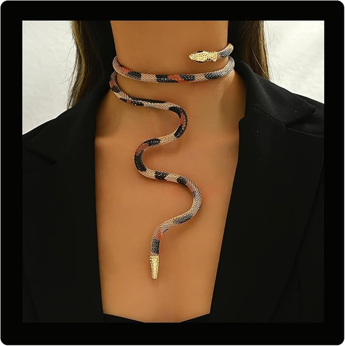 Snake Necklace, Punk Bendable Choker Necklaces Snake Skin Print Vintage Long Chain Necklace For W... | Amazon (US)