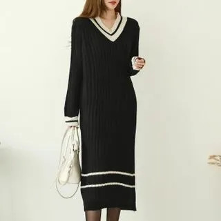 Contrast-Trim Midi Rib-Knit Dress | YesStyle Global