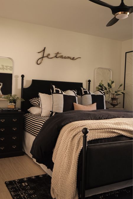 Bedroom decor 
Black upholstered bed 
Black nightstands
#meandmrjones 
Black rug 
 


#LTKunder50 #LTKhome #LTKunder100