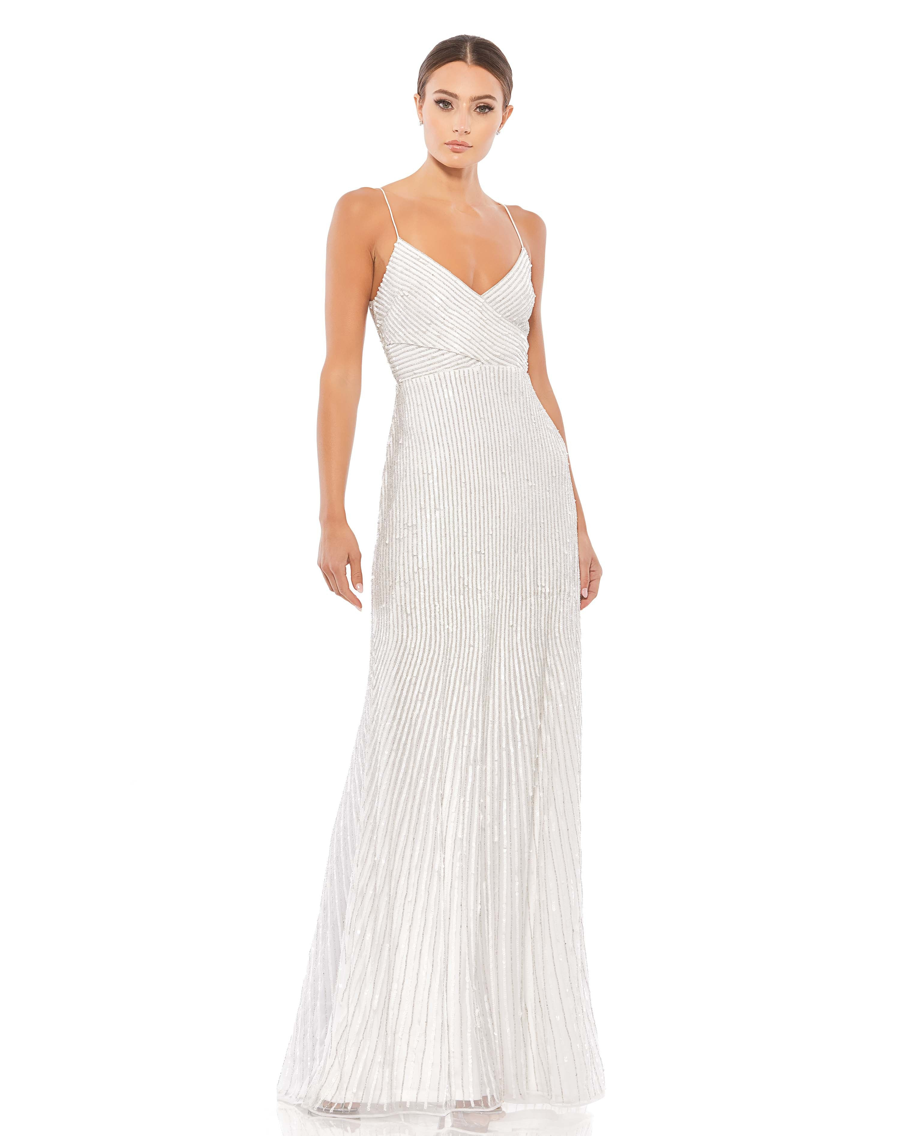 White Sequin Spaghetti Strap Gown | Mac Duggal