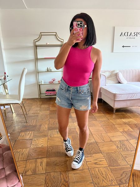 Loving this color so much! Easy summer outfit - high neck rank top comes in so many colors, comfy denim shorts and platform converse, love these sneakers with shorts and skirt in the summer 

#LTKFindsUnder50 #LTKStyleTip #LTKFindsUnder100