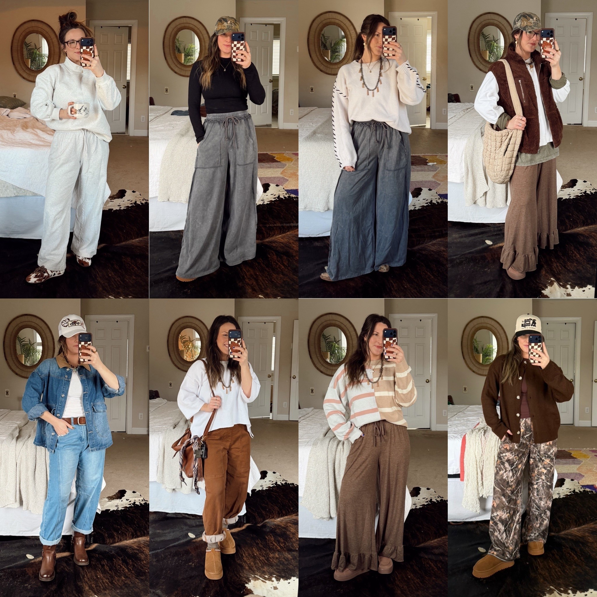 My go to mom outfits are easy, effortless, comfy and cute 🤎

a lot of these pieces are on sale right now so add them to cart if you have your eye on something 👀 

__
easy pull on pants | flowy loose palazzo pants | heather grey mockneck | contrast knit sweater | barrel jeans | camp sweatpants | when in doubt, throw on a trucker hat

#LTKmomlife #LTKootd #LTKSaleAlert