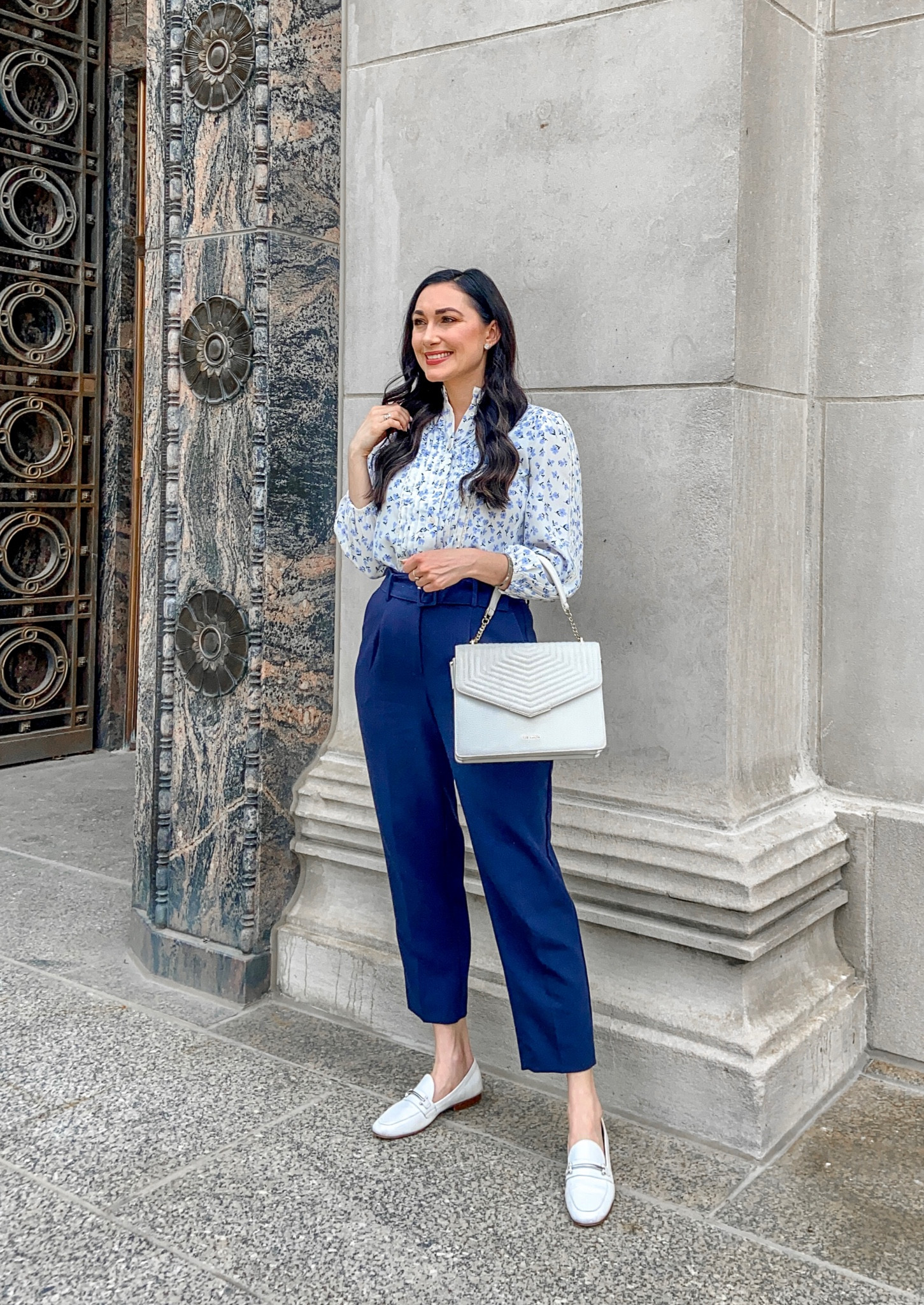 Spring work wear 💙

Blue and white floral pintuck 3/4 sleeve blouse TTS, size xs 
Navy high waisted pants (fit slightly big but wouldn’t size down, size 2)
White loafers (linked similar)

#LTKSeasonal #LTKstyletip #LTKworkwear