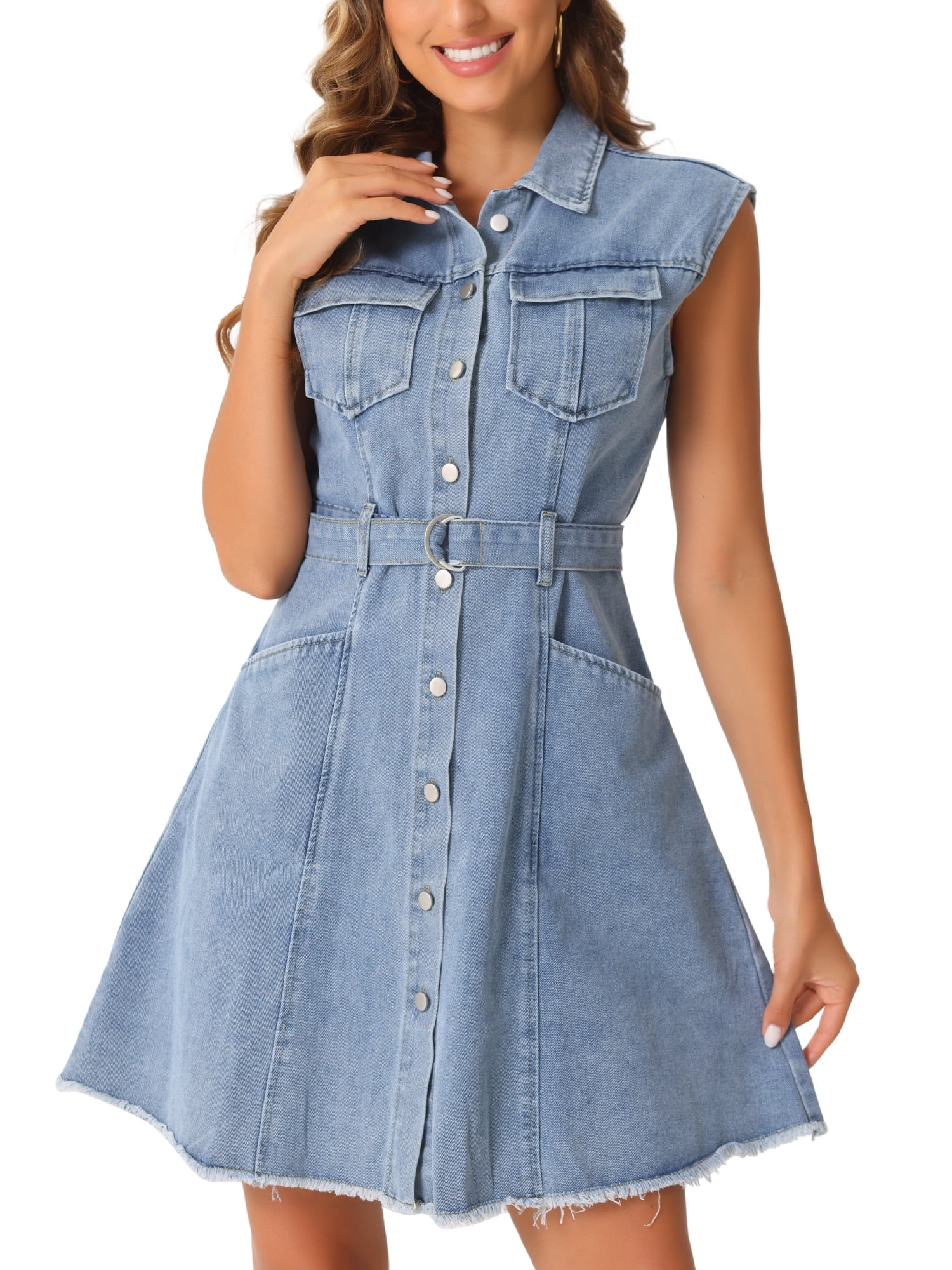 INSPIRE CHIC Denim Tank Dress for Women's Button Down Lapel Belted A-line Dresses L Grey Blue - Walmart.com | Walmart (US)