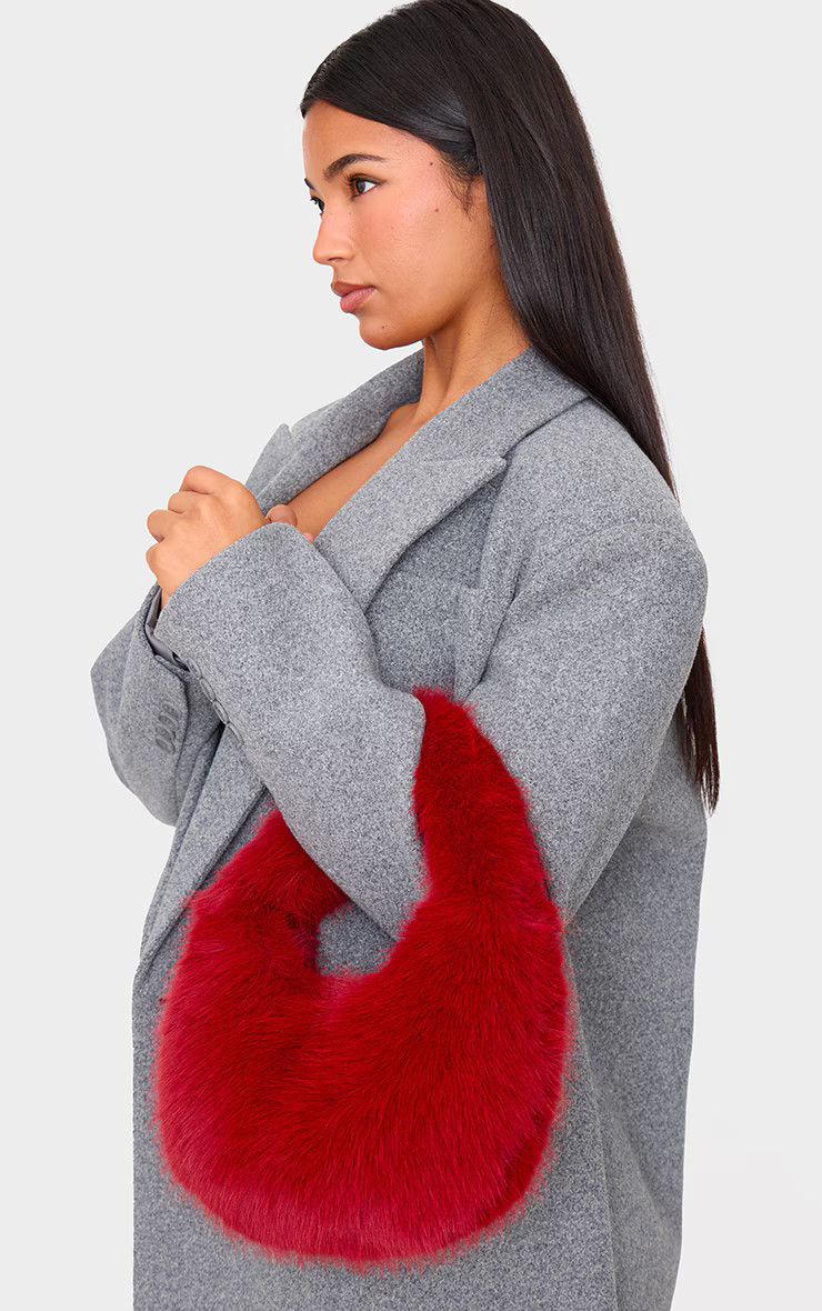 Burgundy Faux Fur Curved Handbag | Accessories | PrettyLittleThing US