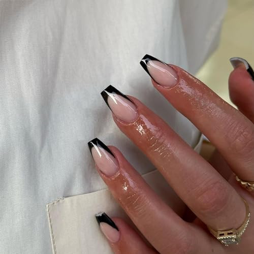 KQueenest 30 Pcs Black French Tip Press on Nails Medium Coffin Nails Press ons, Natural Nude Gel Fake Nails Acrylic, Glue on Nails Medium Ballerina, Classy French Tip Nails for Women DIY Manicure | Amazon (US)