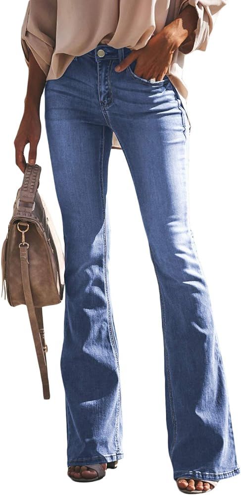 Sidefeel Women Button Up Bell Bottom Jeans Ripped Flare Fitted Denim Pants Size | Amazon (US)