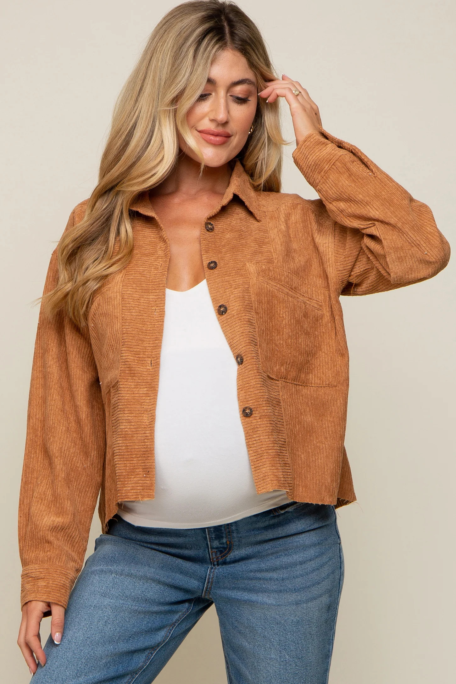 Camel Corduroy Raw Hem Maternity Shacket | PinkBlush Maternity