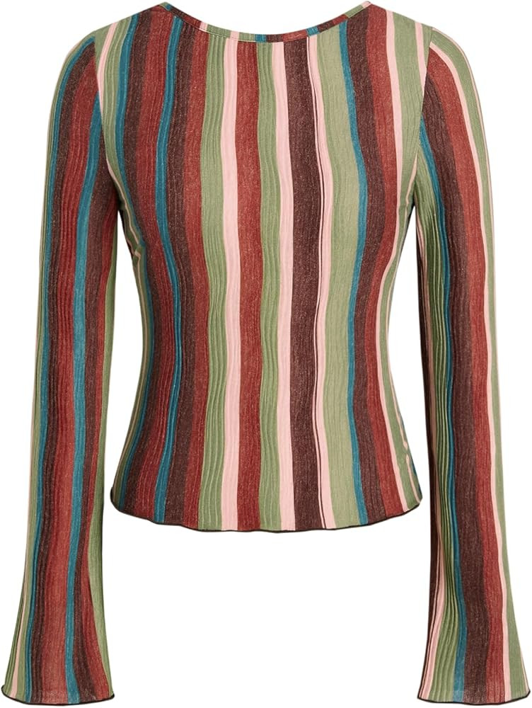 CIDER Women’s Bell Long Sleeve Shirts Striped Knit Crew Neck Color Block Trendy Casual Tops | Amazon (US)