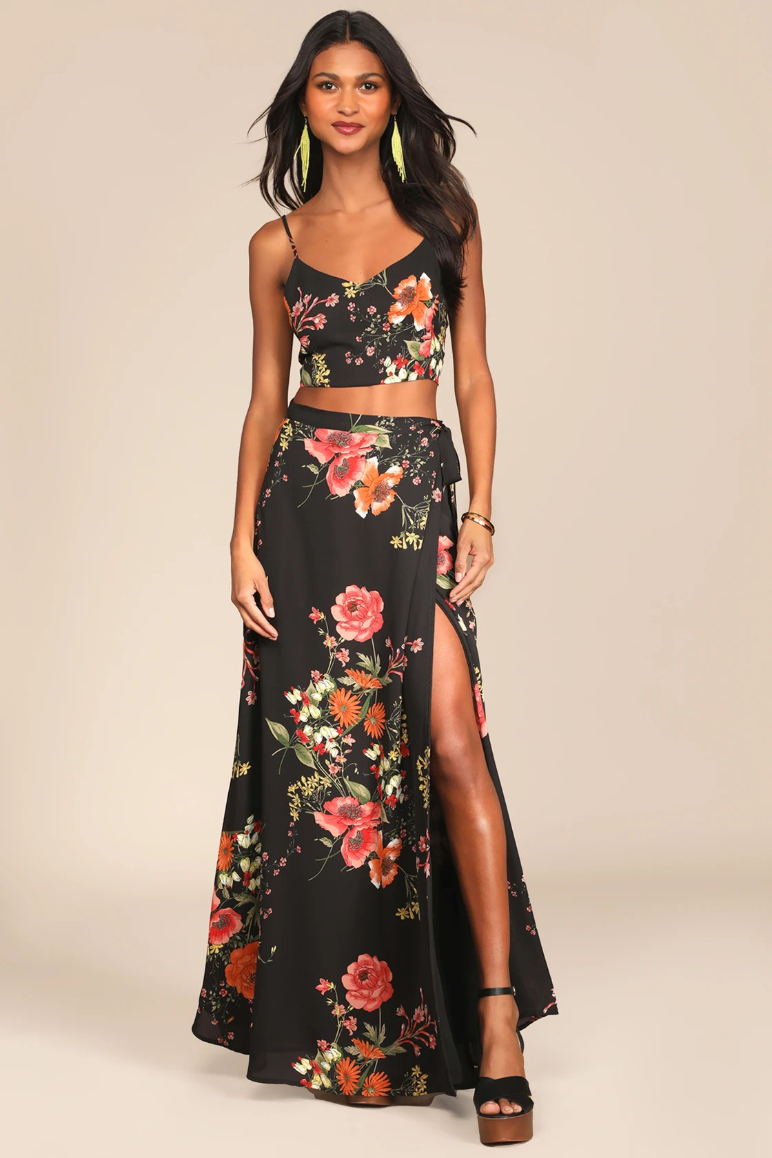 Bloom With a View Black Floral Print Two-Piece Maxi Dress | Lulus
