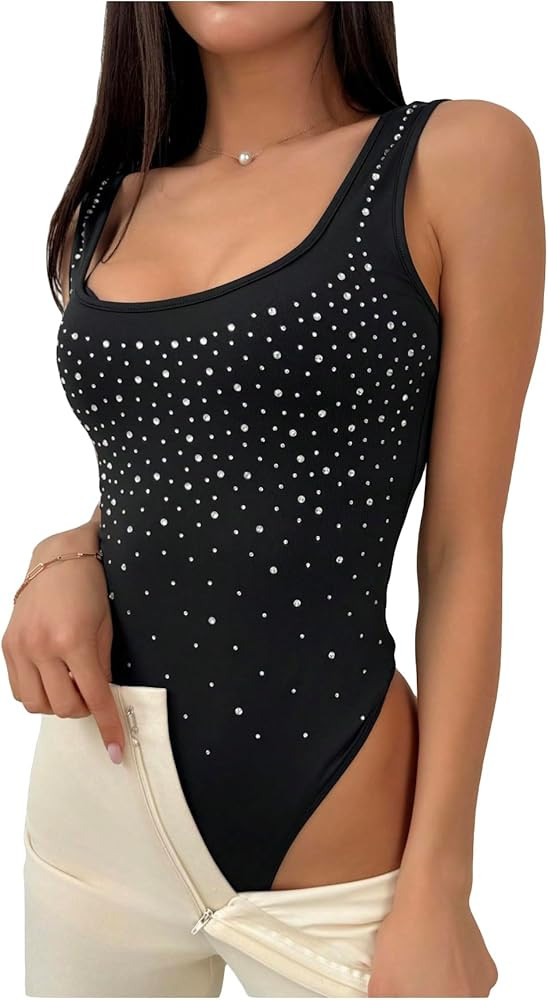 WDIRARA Women's Rhinestone Square Neck Sleeveless Bodysuit Sparkly Slim Fit Tank Top Leotard | Amazon (US)