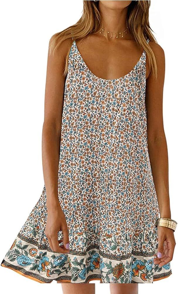 Qearal Womens Boho Floral Printed Dress Summer Sleeveless Adjustable Strap Beach Mini Dress with ... | Amazon (US)