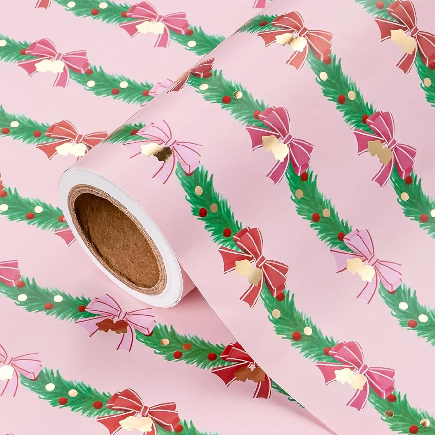 WRAPAHOLIC Bow Christmas Wrapping Paper Roll - Mini Roll - 17 Inch x 16.5 Feet - Pink Bow Wrappin... | Amazon (US)