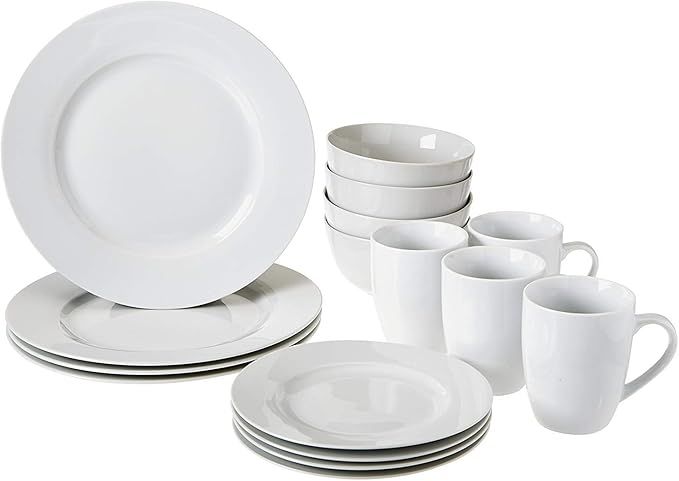 Amazon Basics 16-Piece Kitchen Dinnerware Set, Plates, Bowls, Mugs, Service for 4, White | Amazon (US)