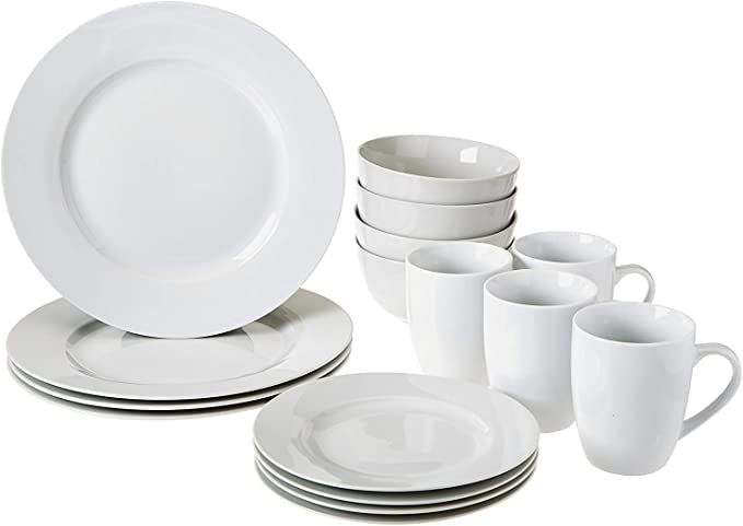 Amazon.com: Amazon Basics 16-Piece Porcelain Kitchen Dinnerware Set with Plates, Bowls and Mugs, ... | Amazon (US)
