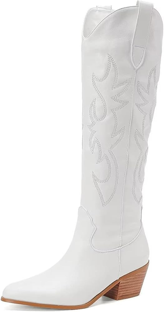 Amazon.com: Women's Embroidered Western Cowboy Boots Knee High Medium Heel Chunky Heel Fashion Re... | Amazon (US)