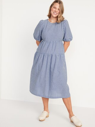Tiered Puff-Sleeve All-Day Midi Swing Dress for Women | Old Navy (US)