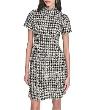 Vince Camuto Houndstooth Mock Neck Short Sleeve A-Line Dress | Dillard's | Dillard's