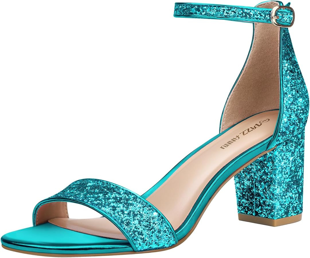 PIZZ ANNU Women's Open Toe Ankle Strap Low Block Chunky Heels Sandals Party Dress Pumps Shoes Str... | Amazon (US)