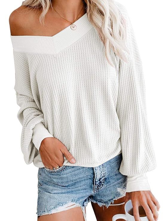 Adreamly Women's V Neck Long Sleeve Waffle Knit Top Off Shoulder Pullover Sweater | Amazon (US)