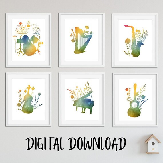 Music Wall Art, Printable, Flowers Prints, Musical Instruments, Digital Download, Downloadable, Y... | Etsy (US)