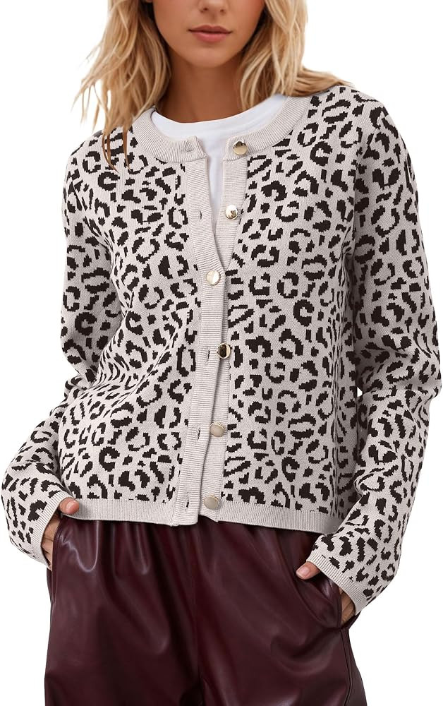 Leopard Cardigan Long Sleeve Open Front Button Up Cheetah Print Top Leopard Sweater Coat Cropped ... | Amazon (US)
