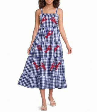 Lobster Embroidered Gingham Print Square Neck Sleeveless Tiered Midi Dress | Dillard's