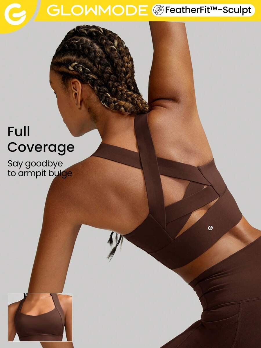 GLOWMODE FeatherFit™-Sculpt Full Coverage Side Support Wide Strap Crossover Sports Bra Light Su... | SHEIN