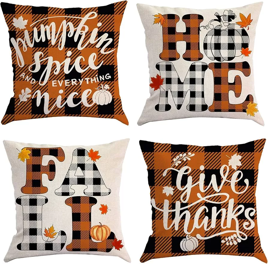 PANDICORN Farmhouse Fall Pillow Covers 18x18 Set of 4, Orange and Blue