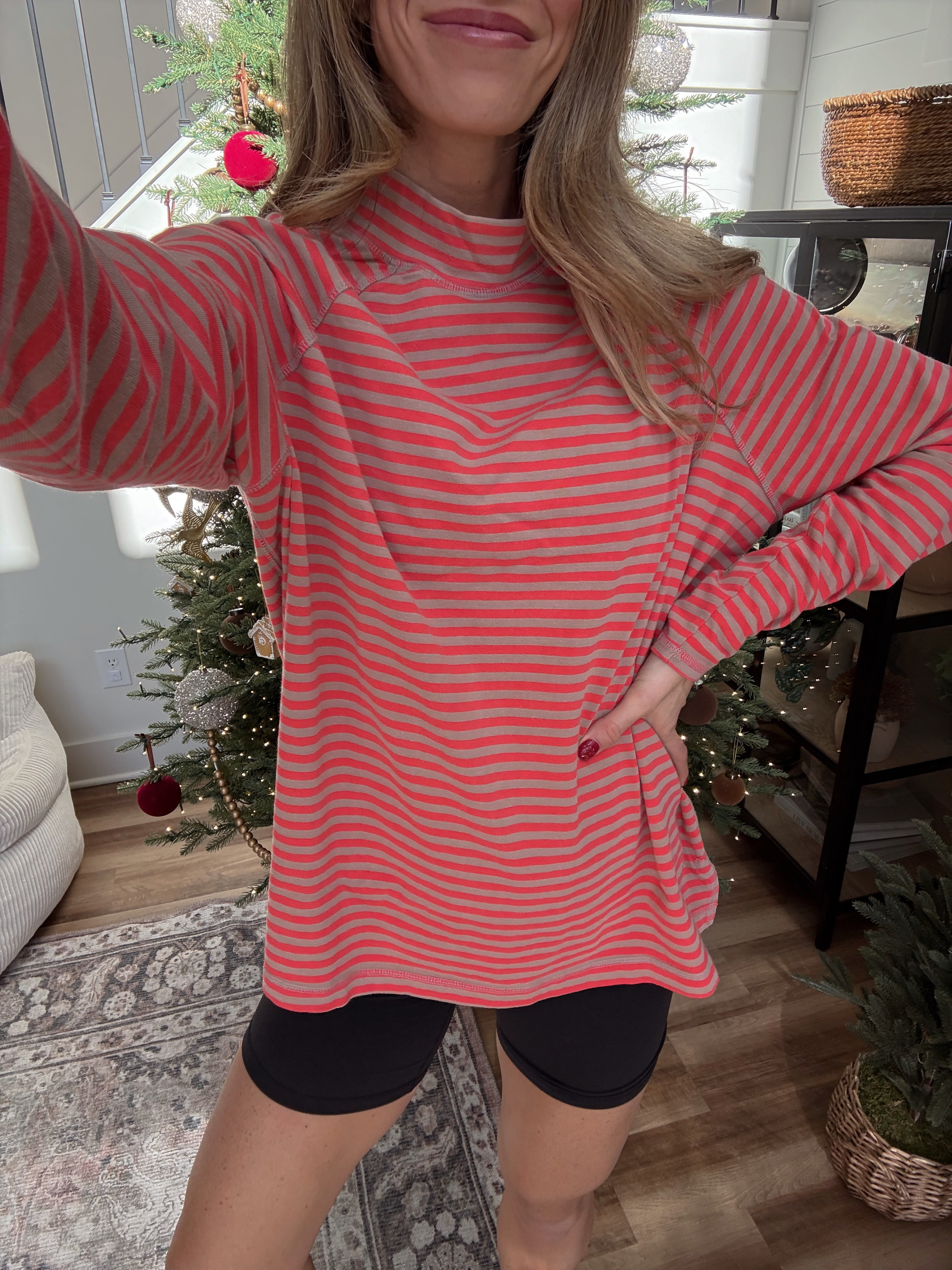 Cozy striped mock neck tee.  Runs oversized but weraing my usual medium for length. small in biker shorts


Free People, mom outfit 

 #LTKootd #LTKmomlife