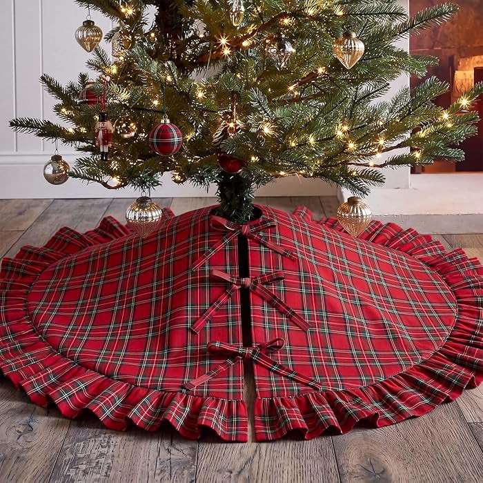 48 Inch Plaid Christmas Tree Skirt with Ruffle, Red Green | Amazon (US)