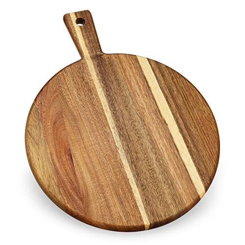 Acacia Wood Round Cutting Board and Chopping Board with Handle for Meat, Cheese Board, Vegetables, Bread, and Charcuterie - Decorative Wooden Serving Board for Kitchen and Dining Room, Large 17" x 13" | Amazon (US)