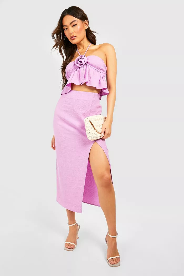 Textured Woven Thigh Split Midi Skirt Two Piece Set Rosette Detail Vacation Set #LTKSeasonal #LTKU  | Boohoo.com (US & CA)