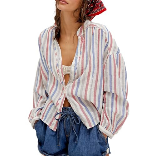 Women Front Button Down Vintage Plaid Striped Batwing Blouse Shirt Y2k Long Sleeve V Neck Gingham Frees Checkered Linen People Swing Crop Tops Dup ES | Amazon (US)