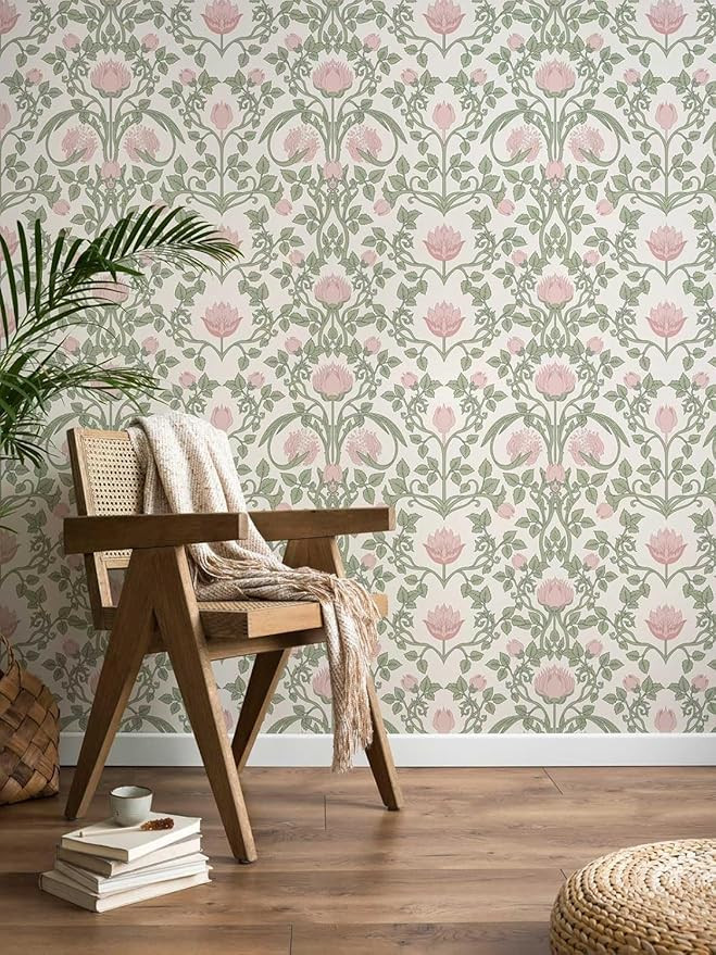 Peel and Stick Wallpaper Pink Floral Damask Wallpaper for Bedroom Decorative Self Adhesive Shelf ... | Amazon (US)