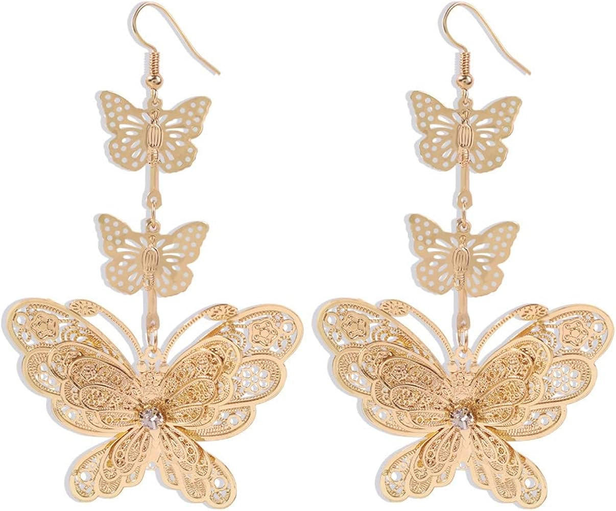 Bohemian Long Butterfly Dangle Earrings for Women Girls Gold-Tone Crystal Filigree Tassel Charms ... | Amazon (US)